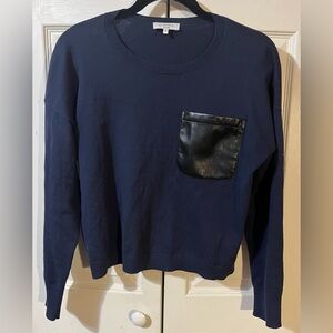 J. Society New York Crewneck Cotton Sweater Faux Leather Pocket Navy Size S